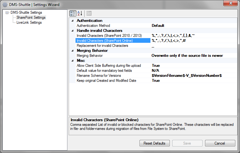 Setting for handling invalid characters in sharepoint online