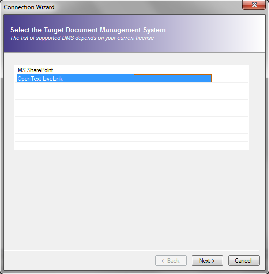 Select LiveLink as target system for migration